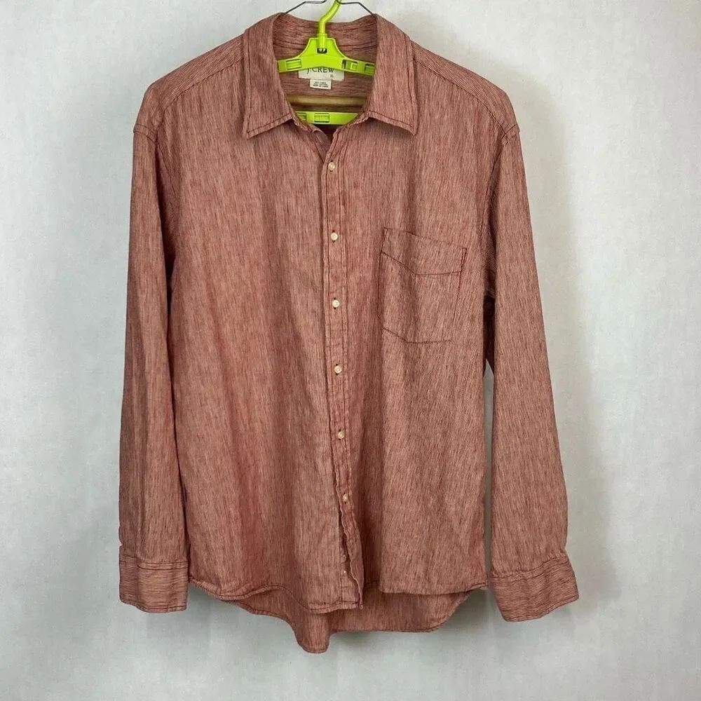 J. Crew Men’s Button Front Shirt Sz XL Linen Cotton Blend Red Stripe Long Sleeve